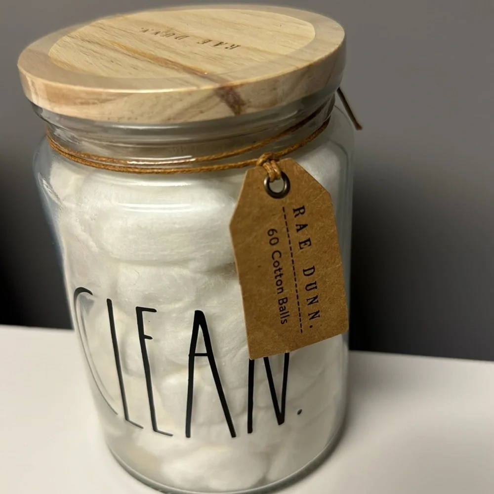 Rae Dunn Clean jar with cotton balls